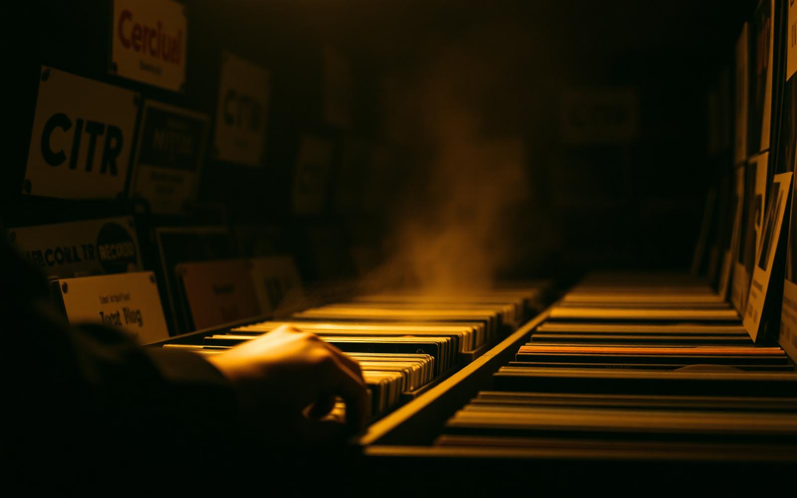 Hands digging through crates of vinyl records