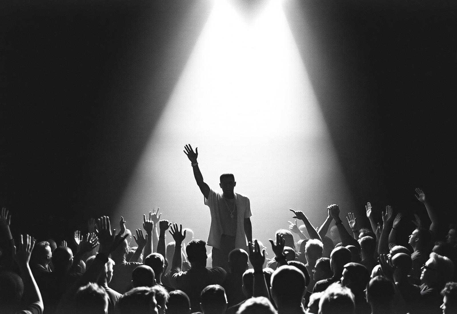 Crowd with hands raised at a hip-hop performance under a single spotlight